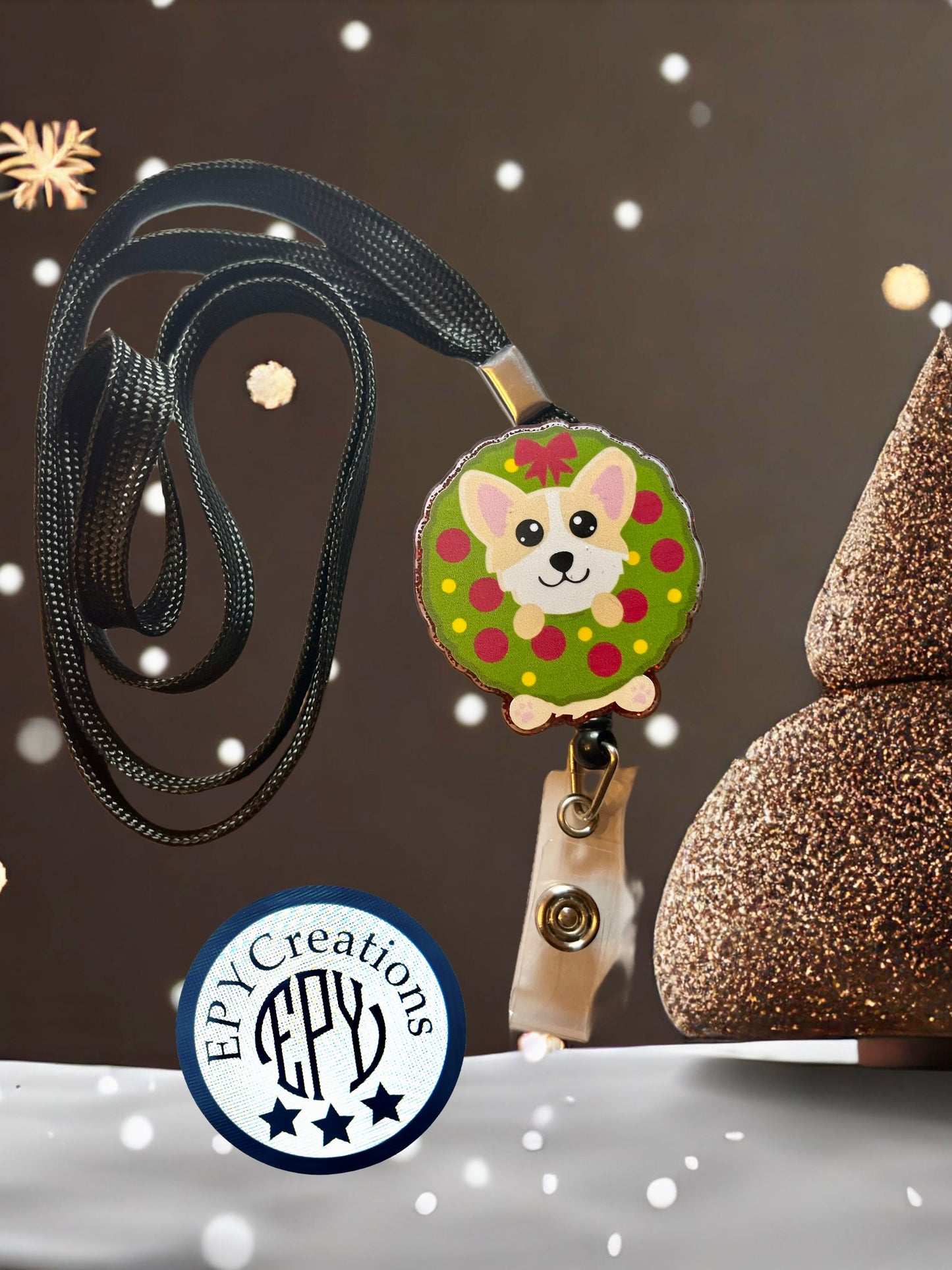 Corgi in a Wreath 2in Acrylic Badge Reel