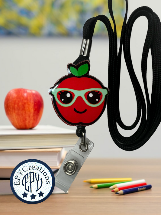 Apple with Glasses Acrylic Badge Reel